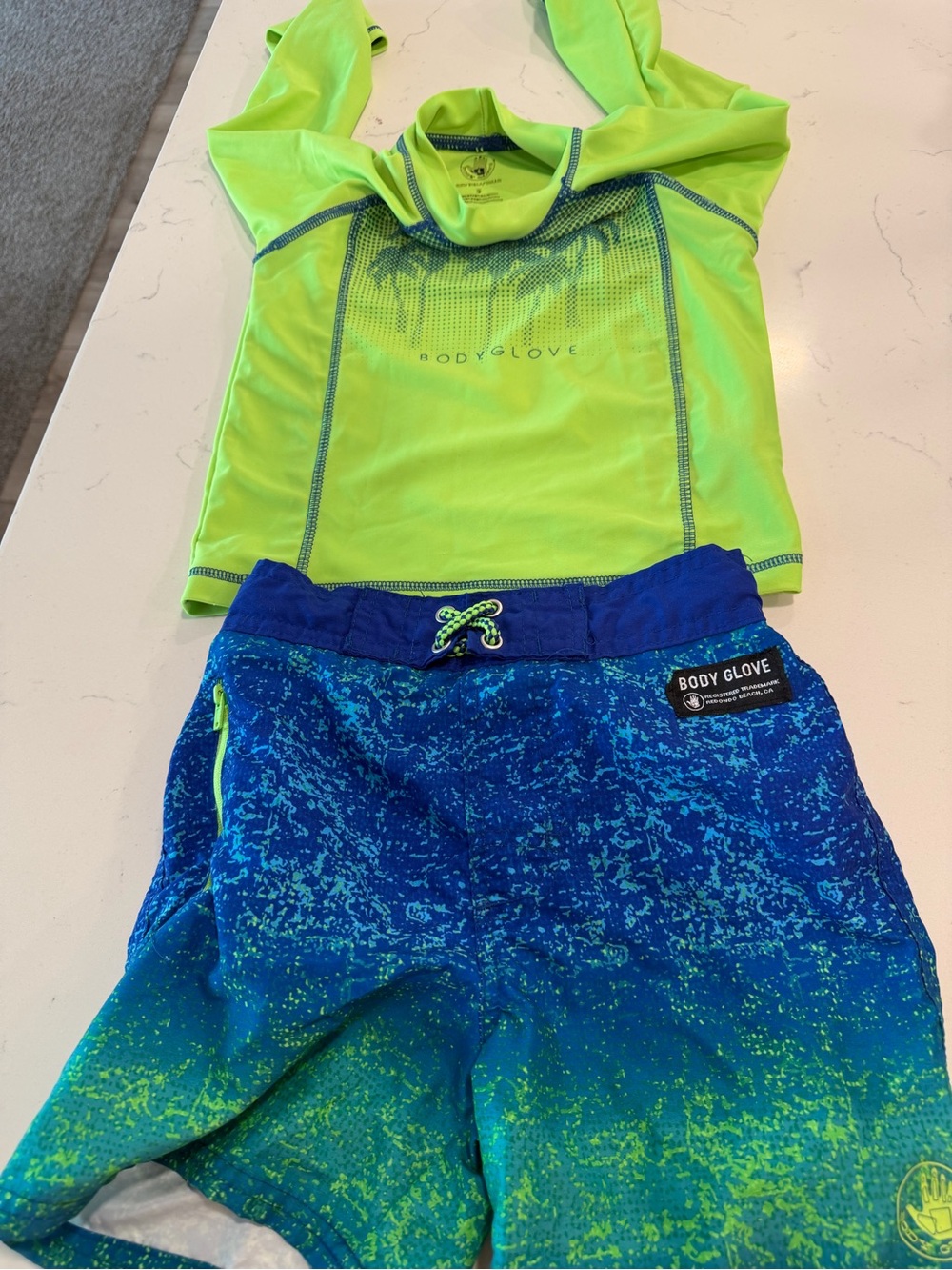 Body Glove Kids Lime Green Rash Guard with Blue & Green Patterned Swim Trunks